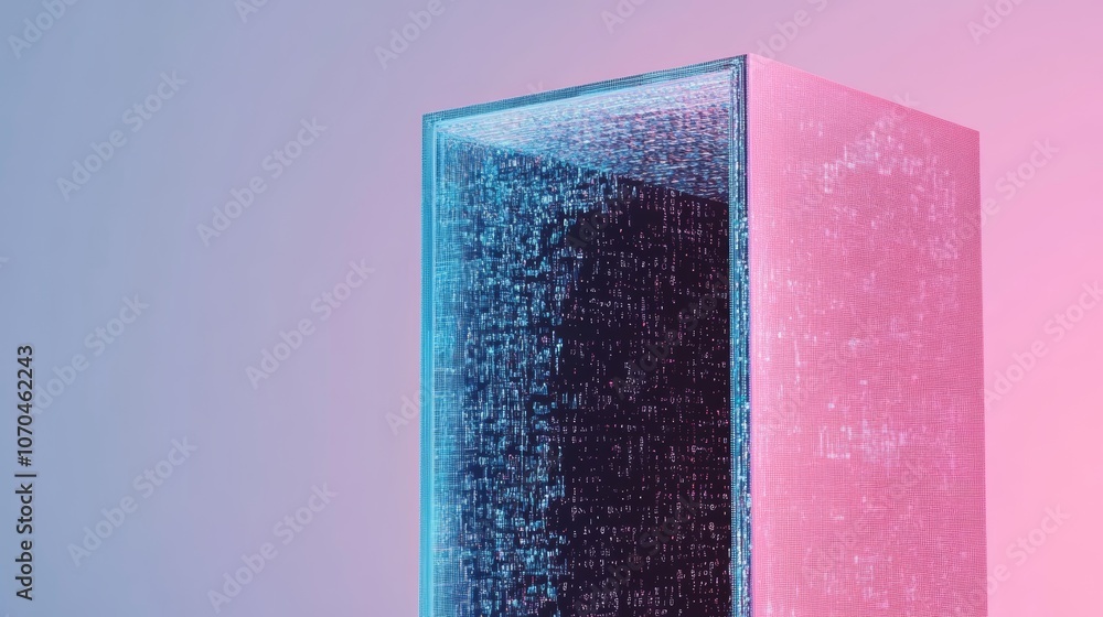 Poster a glass cube with a textured surface illuminated with pink and blue lighting against a gradient back