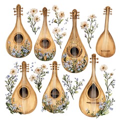 Watercolor Illustration of Vintage Mandolins with Floral Accents.