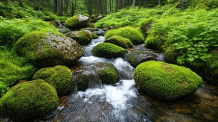 Serene Mountain Stream Cascading Through Lush Greenery with Spring Melt Water and Moss-Covered Rocks, A Tranquil Nature Scene