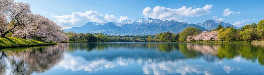 Fototapeta premium Serene Spring Landscape with Cherry Blossoms in Bloom, Reflecting in a Tranquil Lake Against a Mountain Range Backdrop, Seasonal Renewal and Natural Beauty