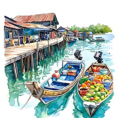 Obraz premium Waterfront Market Scene with Boats and Fruit - Watercolor Illustration.