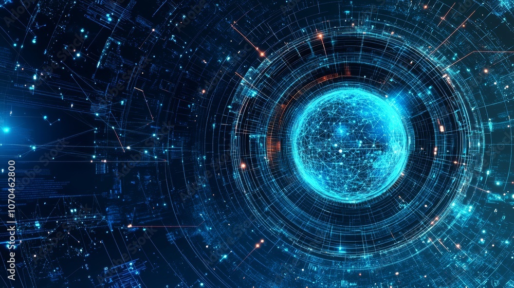 Poster a glowing blue sphere with a network of lines and dots around it, representing digital technology.