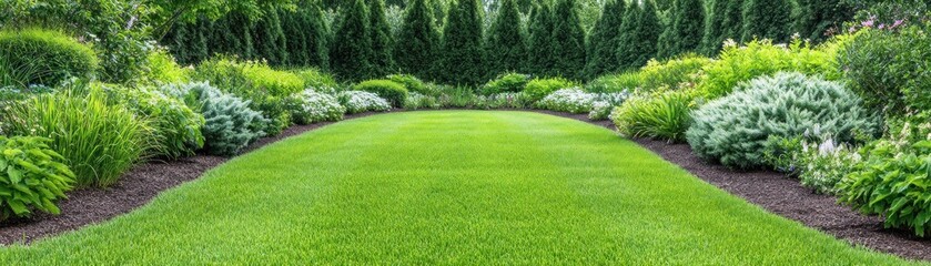 Obraz premium Serene Spring Garden Lush Greenery, Tranquil Harmony, and the Promise of Life, Picturesque Landscape with a Verdant Lawn and Vibrant Floral Displays