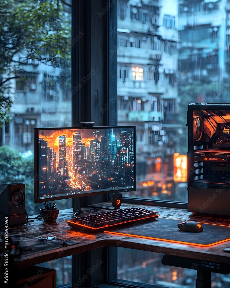 Poster a cozy workspace featuring a computer setup with a cityscape view at dusk.