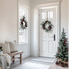 Festive Entryway with White Door, Bench, and Christmas Decor.