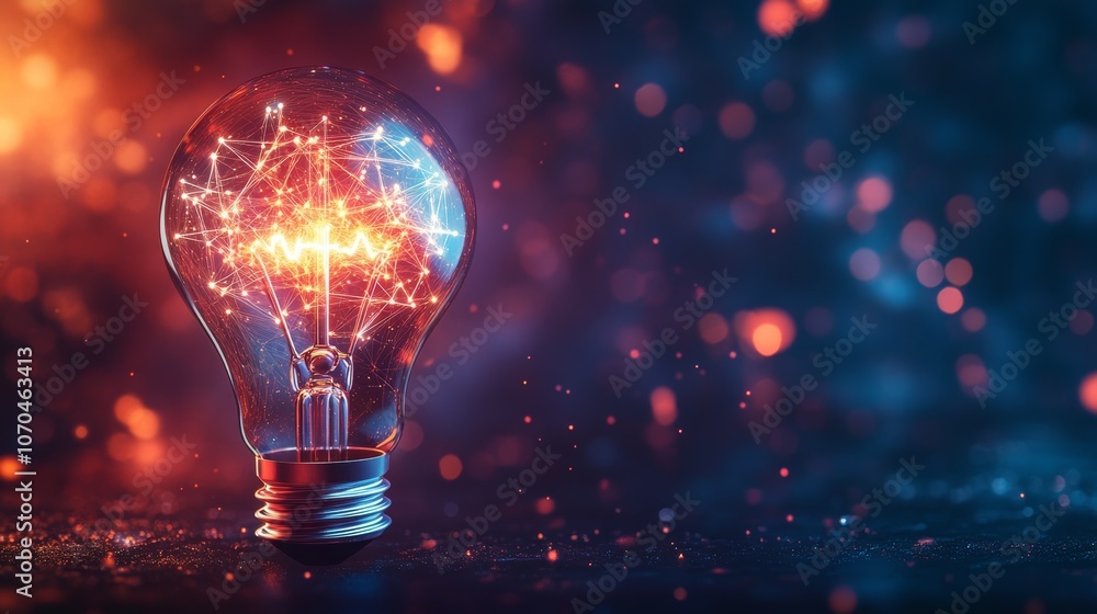 Poster a glowing light bulb with a network of lines inside, on a dark background with red and blue bokeh.