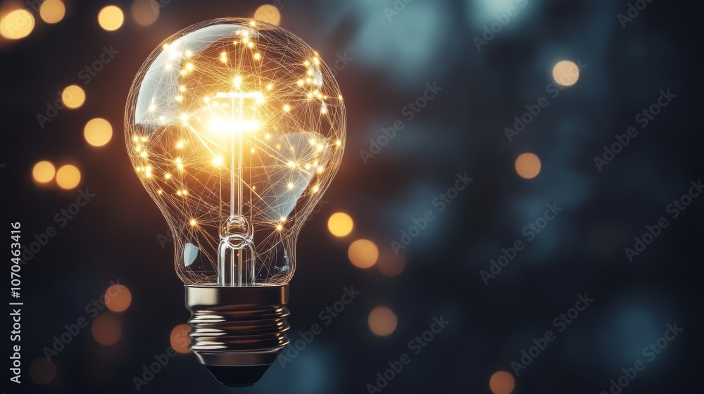 Poster a glowing light bulb with a network of interconnected points inside, symbolizing innovation, creativ