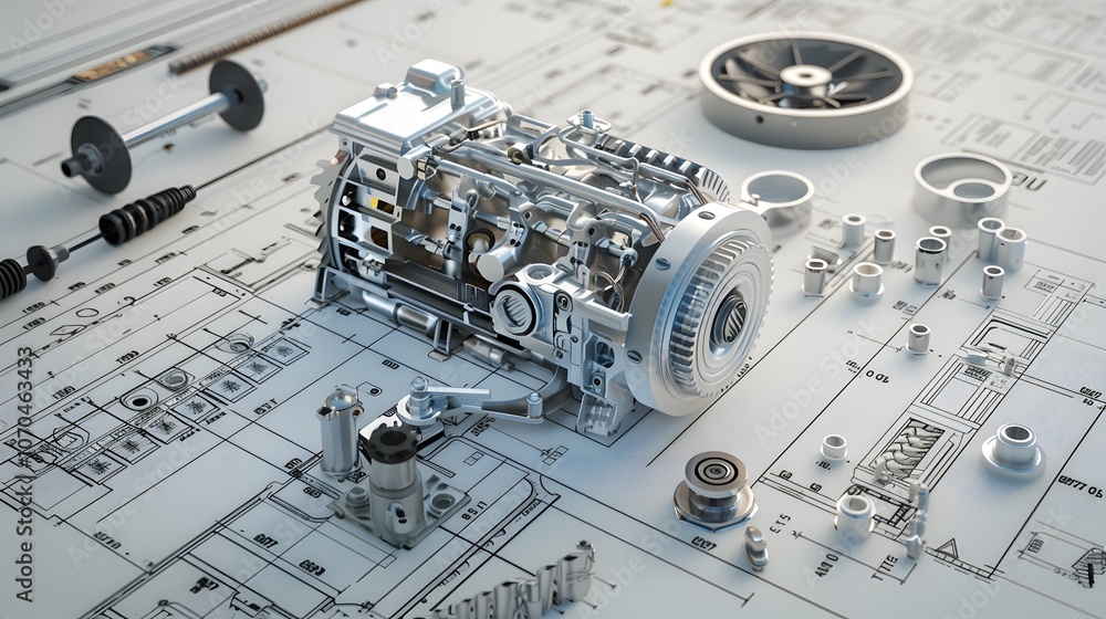 Poster a machine with gears and a drawing of a building in the background. the machine is made of metal and