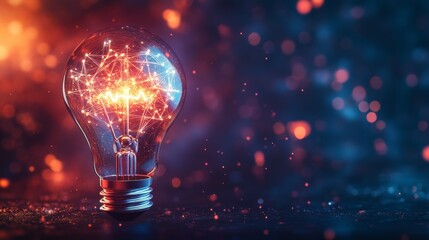 A glowing light bulb with a network of lines inside, on a dark background with red and blue bokeh.