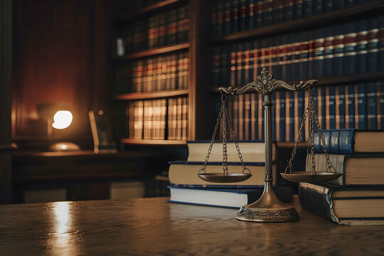Ornate justice scales glow softly in dimly lit study, exuding peace