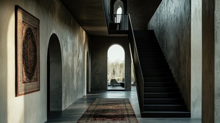 Chic, minimal hallway with a matte black staircase and concrete walls, Middle Eastern wall art, black wood handrails, natural light pouring in from arched windows