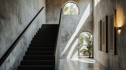 Chic, minimal hallway with a matte black staircase and concrete walls, Middle Eastern wall art, black wood handrails, natural light pouring in from arched windows