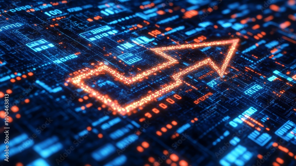 Poster a glowing orange arrow pointing right on a blue circuit board with binary code in the background.