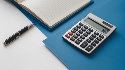 Twister blue and white background with pen, calculator and notebook for your business background