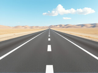 Naklejka premium An empty desert road stretches ahead, marked by white lines under a clear blue sky.