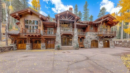 Obraz premium A stunning log cabin nestled in the woods, featuring stone accents and surrounded by vibrant autumn foliage under a clear blue sky.