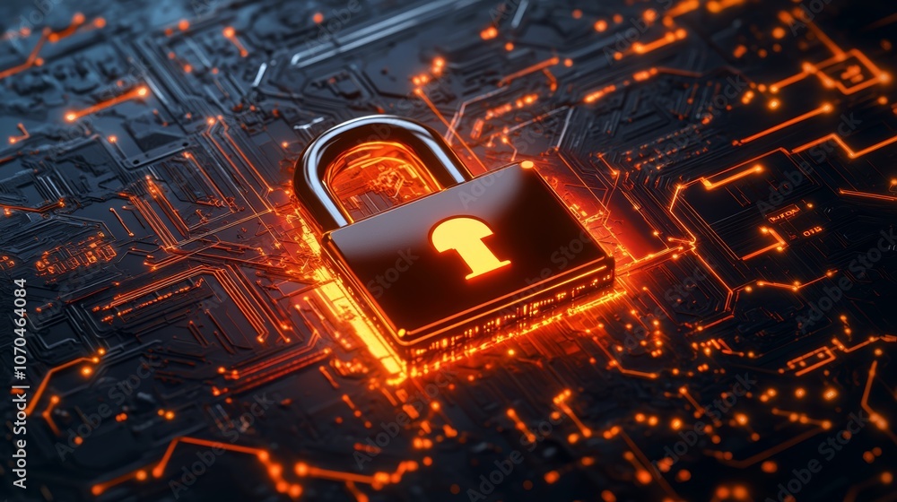 Poster a glowing padlock on a circuit board, symbolizing cybersecurity and data protection.