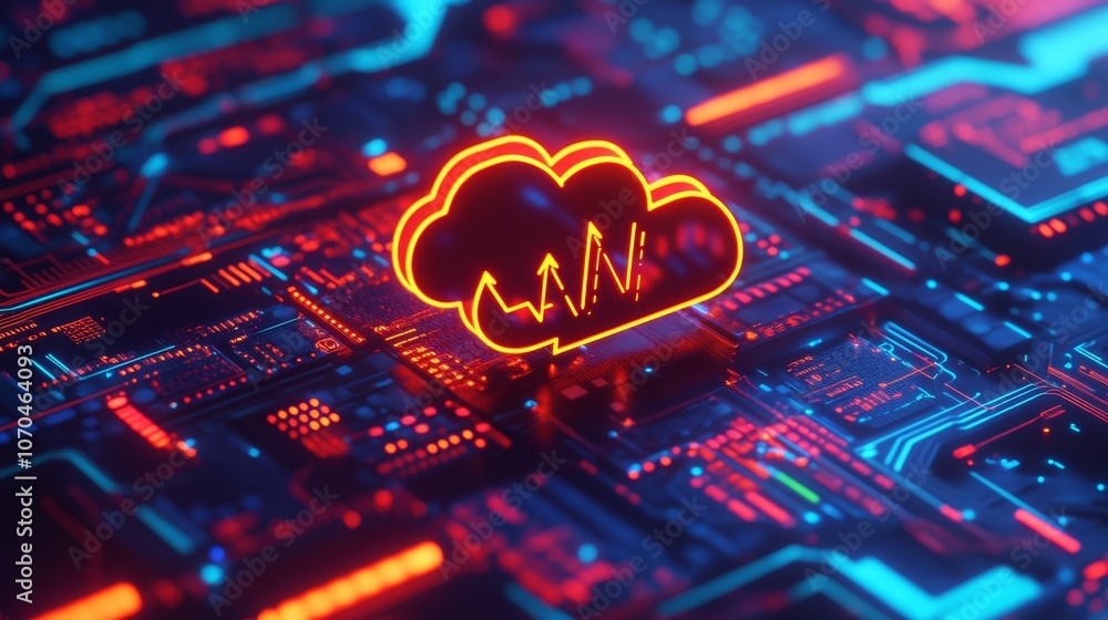 Poster a glowing red cloud computing icon sits on a circuit board.