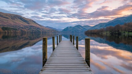 Naklejka premium Wooden pier stretching into calm lake at sunset with mountains reflecting in water