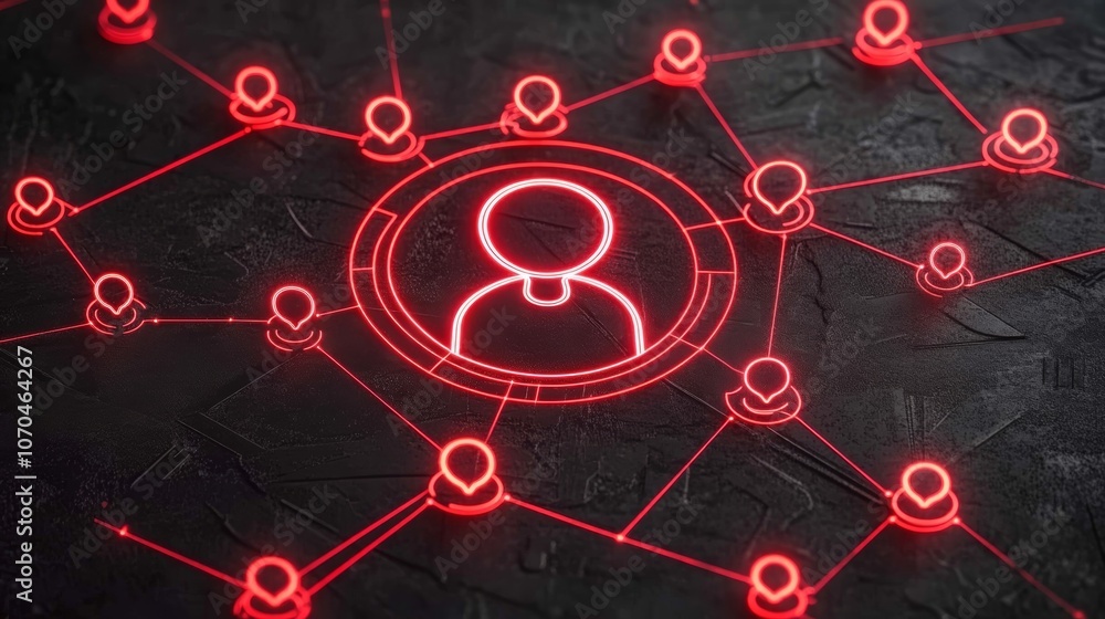 Poster a glowing red human icon is connected to multiple red pin icons representing connections in a networ