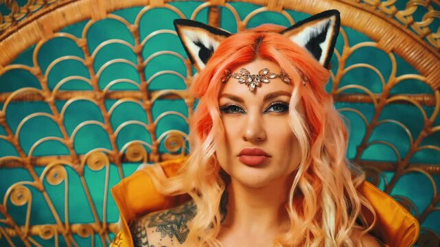 fantasy woman queen sits on throne looking at camera cat eyes make-up sexy lips curly orange hair. dress gold old style. beauty face fairy Girl Inari demon Kitsune, fox ears on head. elf magic world