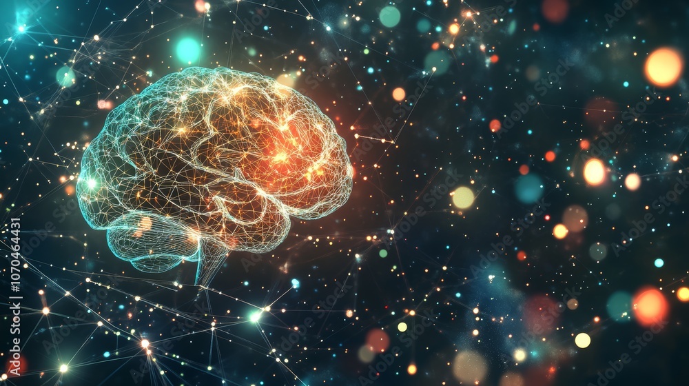 Aufkleber a glowing wireframe brain with connected lines against a sparkling galaxy backdrop.