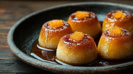 Luqaimat sweets arranged on a rustic plate, syrup on top. Copy space