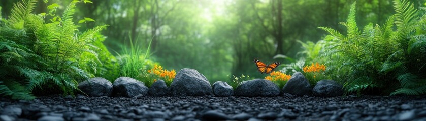 Obraz premium Tranquil Spring Garden with Vibrant Colors and Butterflies Pollinating Flowers, Nature's Beauty Captured in a Serene Landscape