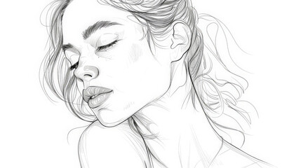 Fototapeta premium A young woman is captured in a graceful pose, with closed eyes and softly defined features, expressing tranquility and introspection through elegant lines