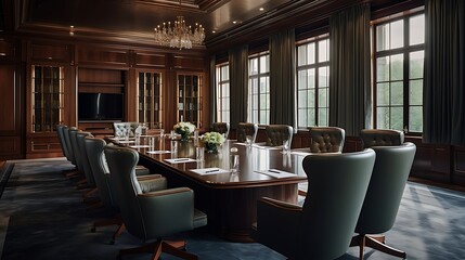 Obraz premium Sophisticated Executive Boardroom with High-End Finishes and Expansive Table 
