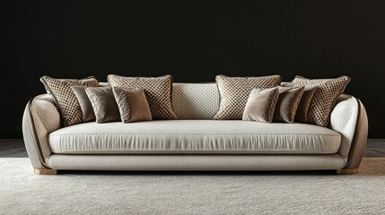 Luxurious fabric sofa in beige with matching pillows on a carpet. Copy space