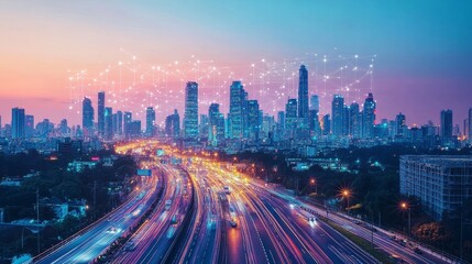 Fototapeta premium Future urban landscape, showing AI integrated infrastructure, autonomous vehicle and intelligent buildings, highlighting advanced technology, innovation and modern urban environment