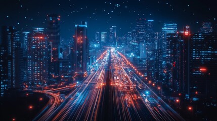 Fototapeta premium Future urban landscape, showing AI integrated infrastructure, autonomous vehicle and intelligent buildings, highlighting advanced technology, innovation and modern urban environment