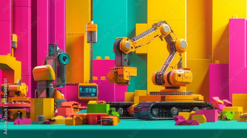 Poster a group of toy robots are playing with colorful blocks in a brightly colored room.