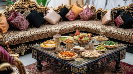 Fototapeta premium Luxurious Majlis seating with traditional Arabian decor and food. Copy space