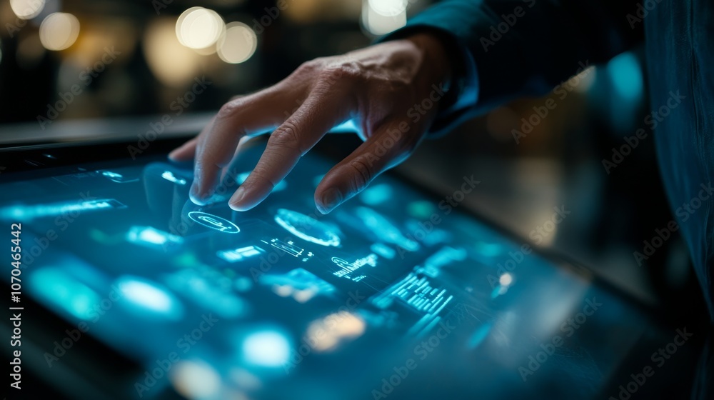 Poster a hand interacting with a futuristic touchscreen interface, showcasing advanced technology and digit