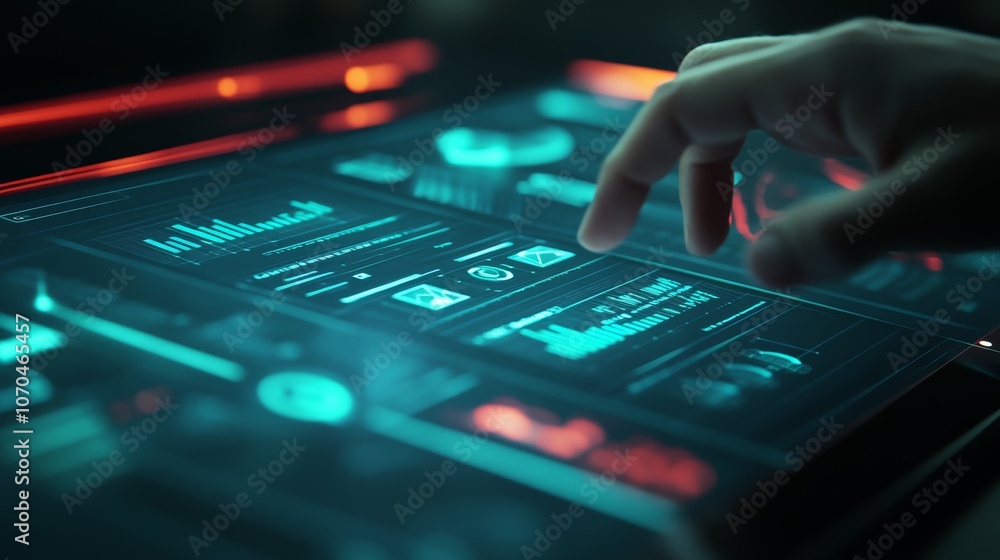 Poster a hand interacts with a futuristic digital interface, displaying data, graphs, and charts.