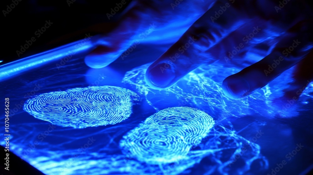 Poster a hand scans a fingerprint on a futuristic device in a dark setting.