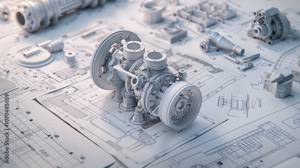Poster a mechanical part is shown on a drawing of a machine. the drawing is in black and white and the part