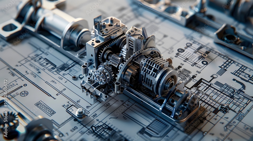 Poster a machine with many parts is shown in a drawing. the drawing is of a machine that is made up of many