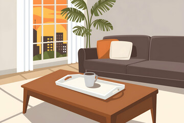 Fototapeta premium Cozy living room, golden hour, coffee table, gray sofa, cityscape view invites relaxation