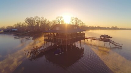 A serene sunrise over a tranquil waterside setting, featuring a rustic wooden structure surrounded by calm waters and misty landscapes.