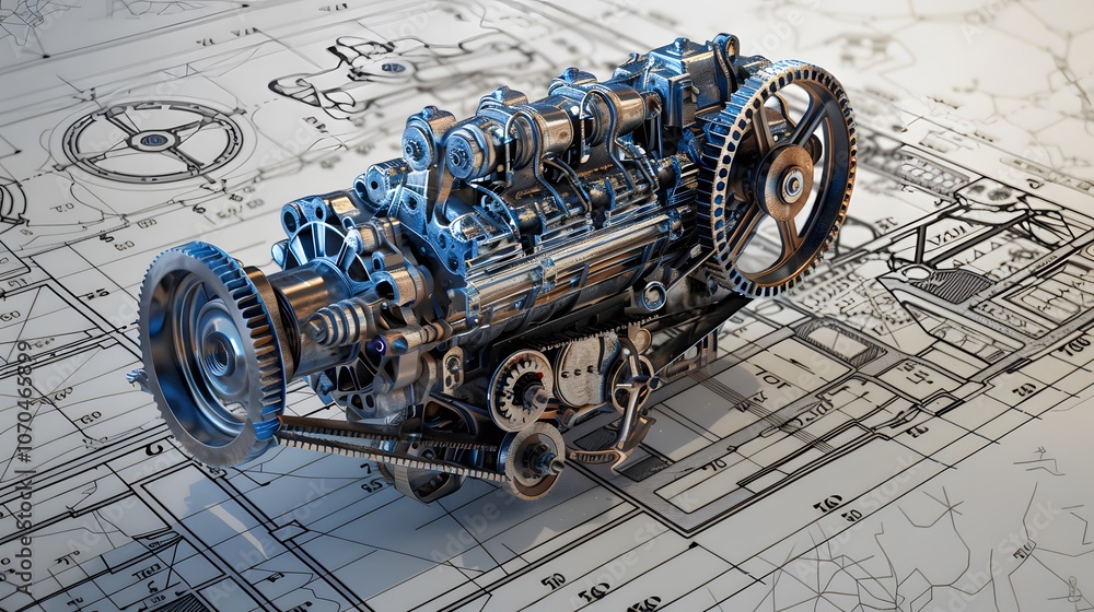Poster a machine with many parts is shown in a drawing. the drawing is of a machine that is made up of many