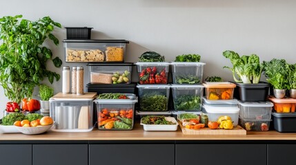 A kitchen countertop with various clear containers filled with fresh produce, herbs, and spices, showcasing an organized and efficient approach to food storage.