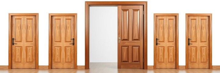 White wooden modern interior door collection with various open and closed situations isolated on white background, door, collection
