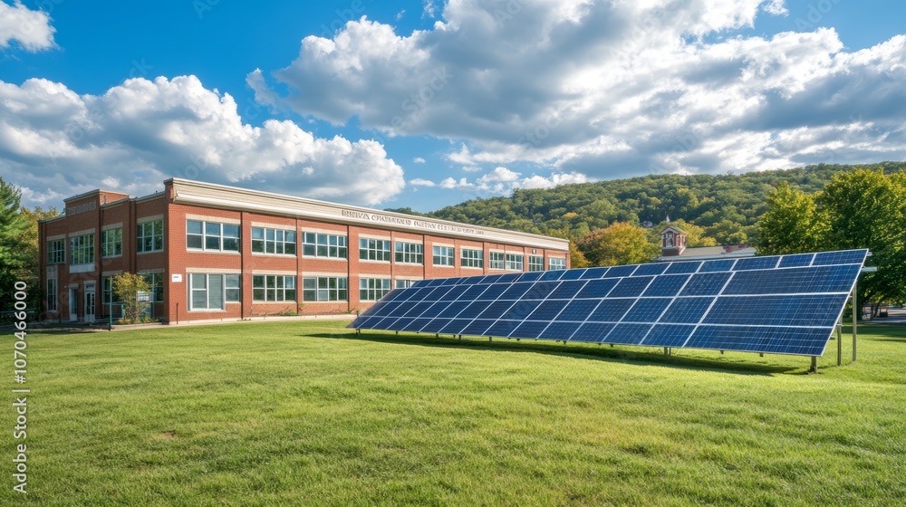Poster a large brick building with a solar panel array in front.