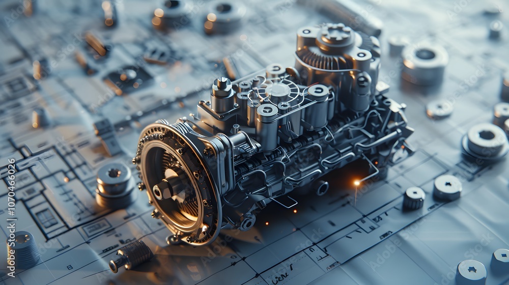 Poster a machine with a lot of gears and cylinders is shown on a white background. the machine is made of m