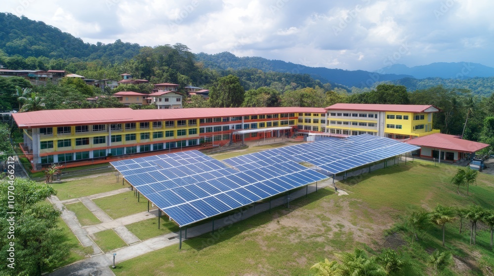 Poster a large school building with solar panels in the foreground, surrounded by lush green trees and a mo