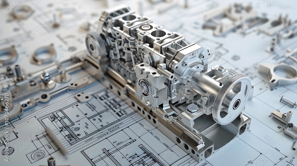Poster a close up of a car engine with many parts and a drawing of the engine. the engine is made up of man