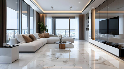 Fototapeta premium Elegant Minimalist Luxury Living Room with Marble Floors, Plush White Sofa, and Sleek Polished Finishes Featuring Subtle Metallic Decor and Ambient Lighting